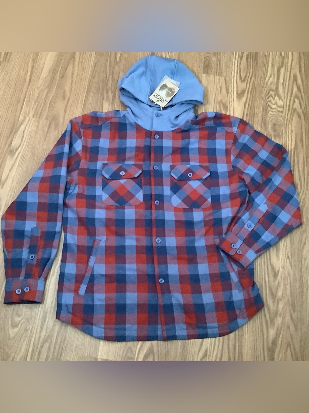 JOCKEY Outdoor Men L Flannel Plaid Hooded JACKET  Waffle Lining Button Front NEW